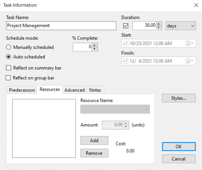 Displays the task Resources tab in the Task Information dialog box.