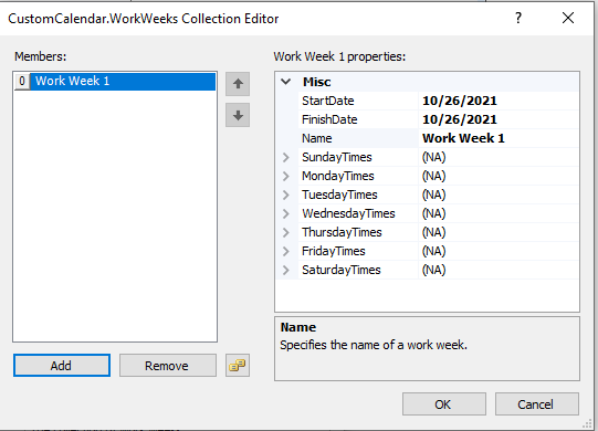 Displays the CustomCalendar WorkWeeks Editor in GanttView control.