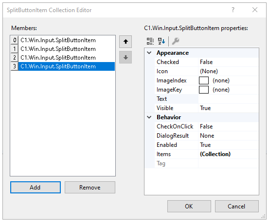 An editor dialog box with which users can add items in the splitbutton dropdown.