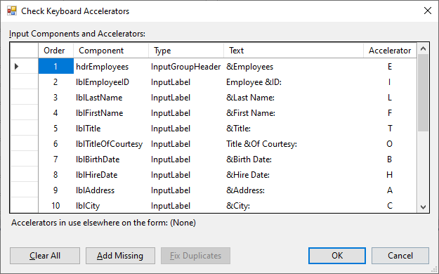 Check Keyboard Accelerator designer