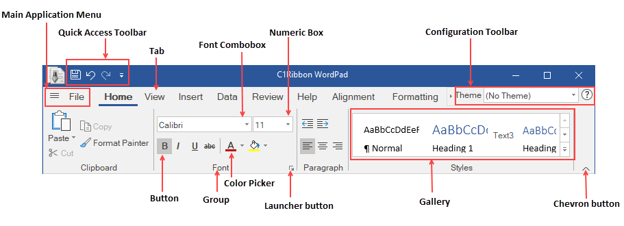 A snapshot of an Microsoft-style word application with ribbon control.