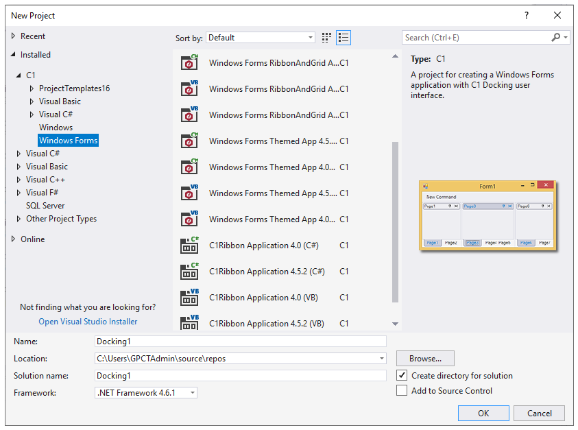 The image shows the interface for New Project dialog box in Visual Studio.