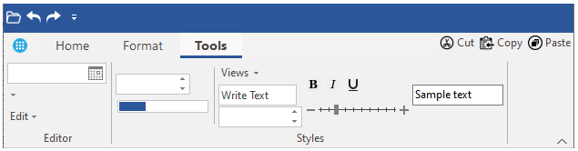A snapshot of window forms application with ribbon control depicting tabs, groups and numerous items such as combobox, labels, datepicker etc., to name a few.