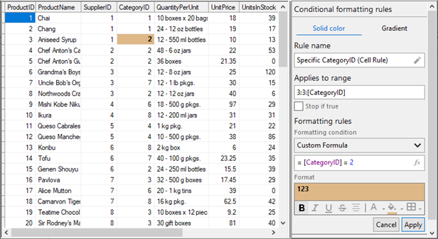 Conditional formatting rule applied to a cell at runtime.