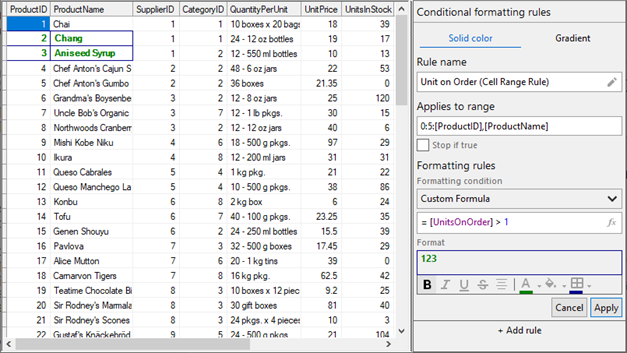 Conditional formatting rule applied to a cell range at runtime.
