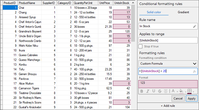 Showing conditional formatting applied to the cells using custom expressions in the Rules Manager control