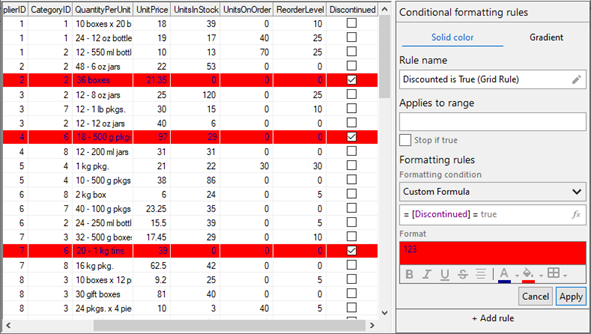 Conditional formatting rule applied to the complete grid at runtime.