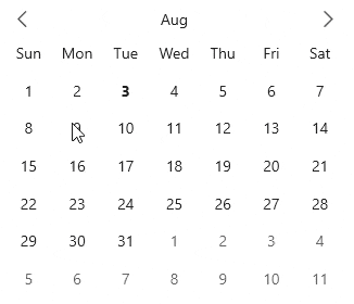 WinUI Calendar showing date range selection