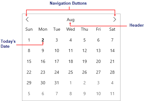 Calendar UI with labels with month as navigation header.