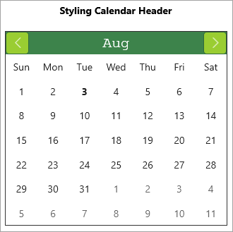 WinUI Calendar with styling applied on header and navigation icons