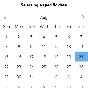 Calendar control with a selected date