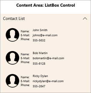 ListBox added to the content area in the WinUI Expander control