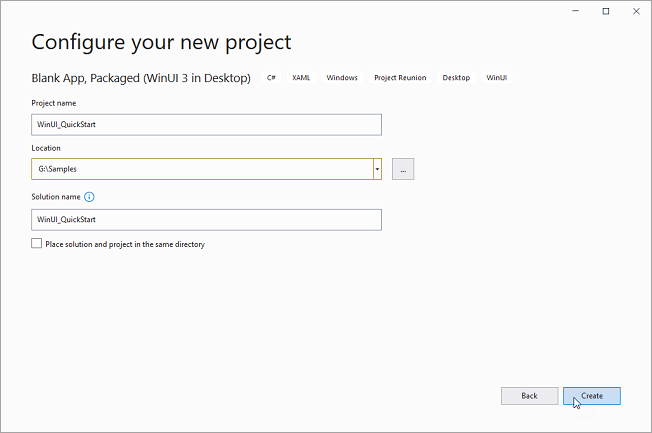 Visual Studio Configure your new project Window