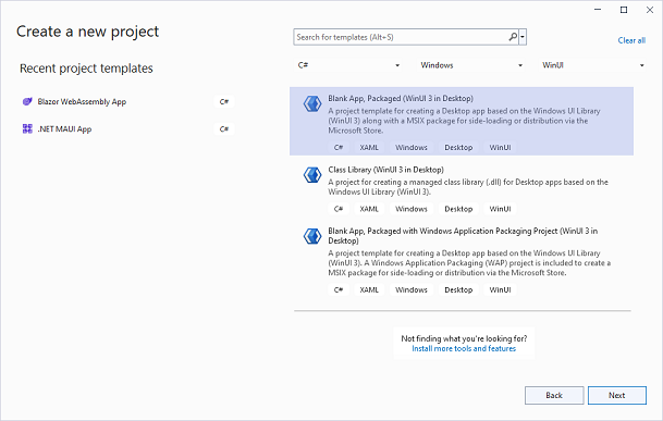 Visual Studio WinUI Template selection window