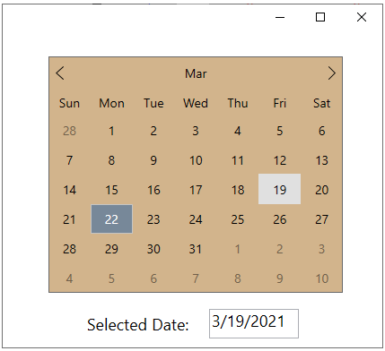 Calendar control with a selectedd date