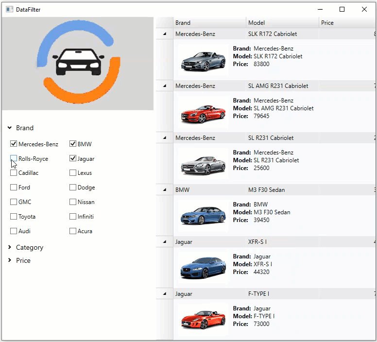 The image depicts the filtering control datafilter showing the filtering operation of different car models.