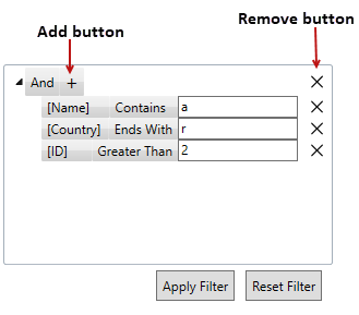Filter editor control with labels showing clear and add buttons