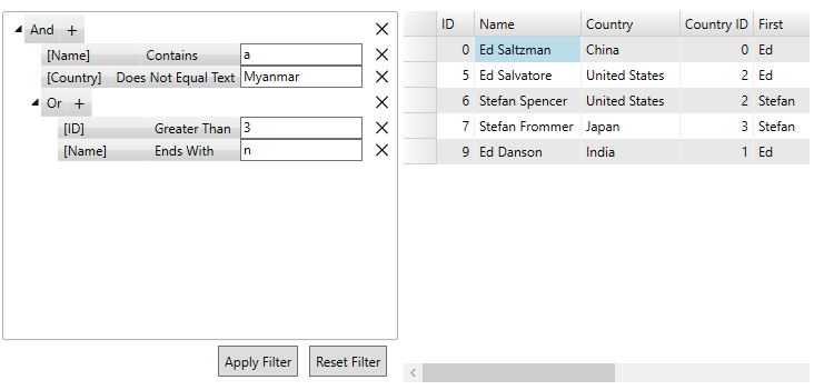 Filter editor with filter expression by adding different combinations and operations
