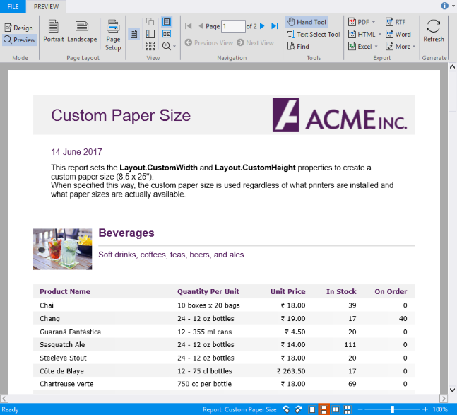 Custom paper size report
