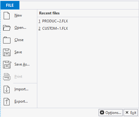 The image displays the File Menu in the FlexReportDesigner.