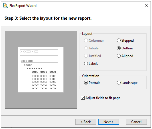 Selecting Layout in FlexReport Wizard