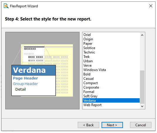 Selecting Style in FlexReport Wizard