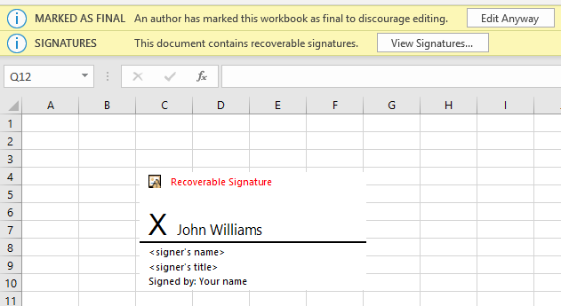 Digital signatures in Excel worksheet