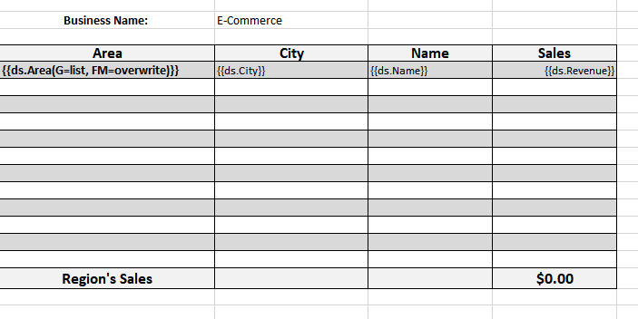 Excel template layout displaying fillmode property in template cell