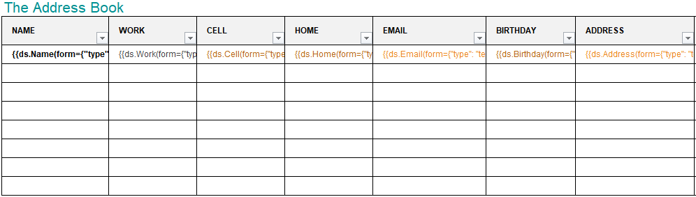 Excel template layout of a bound PDF form displaying an address book