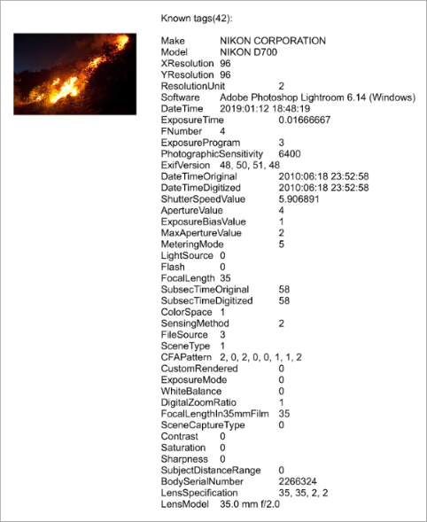 Image of fire breakout with Exif metadata mentioned by its side