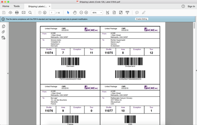 Barcodes in a PDF document