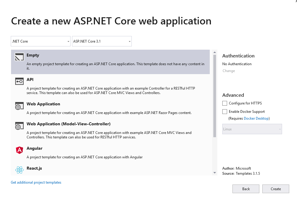 Create a new ASP.NET Core web application dialog