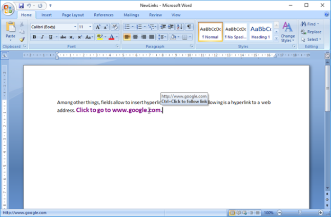 Hyperlink in a Word document