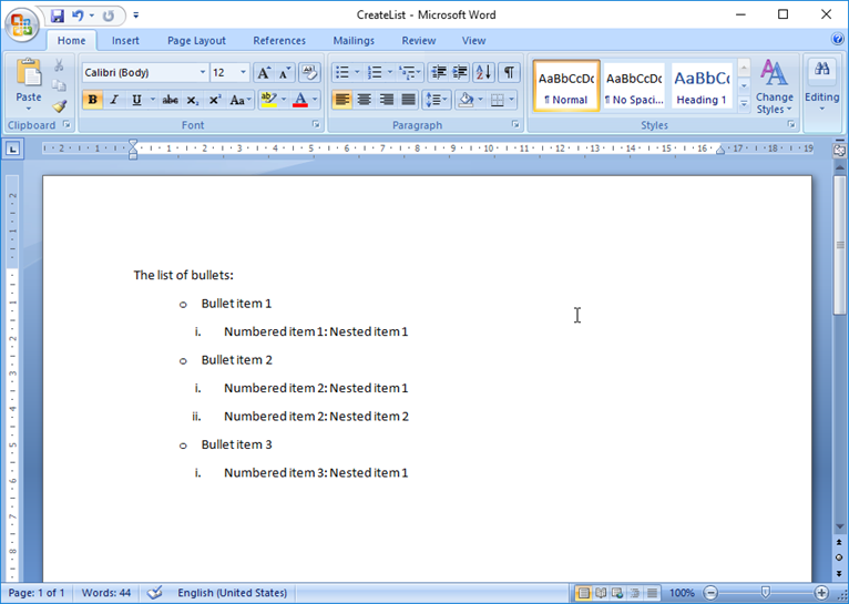 Nested list in a Word document