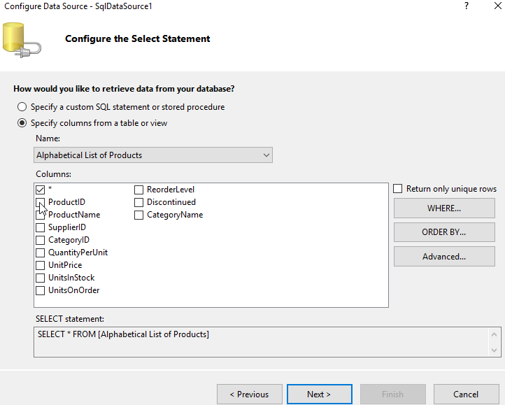 Data Source Configuration Wizard: Configure Select Statement