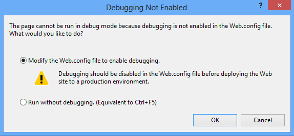 Debugging Not Enabled dialog