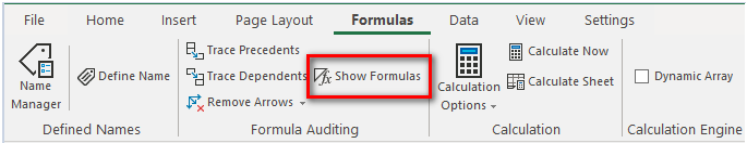 Image displaying Show Formulas options in the Formulas tab of Spread Designer