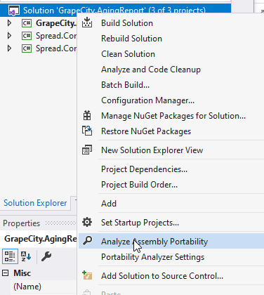Selecting 'Analyze Assembly Portability' from the context menu