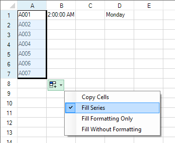 Filling values in the spreadsheet cells with the fill series option