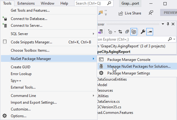 Selecting Nuget Package Manager rom the Tools menu in Visual Studio