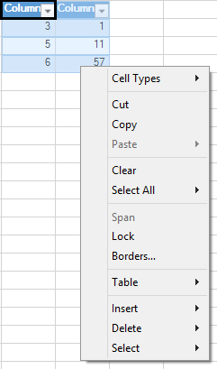 Context menu for table