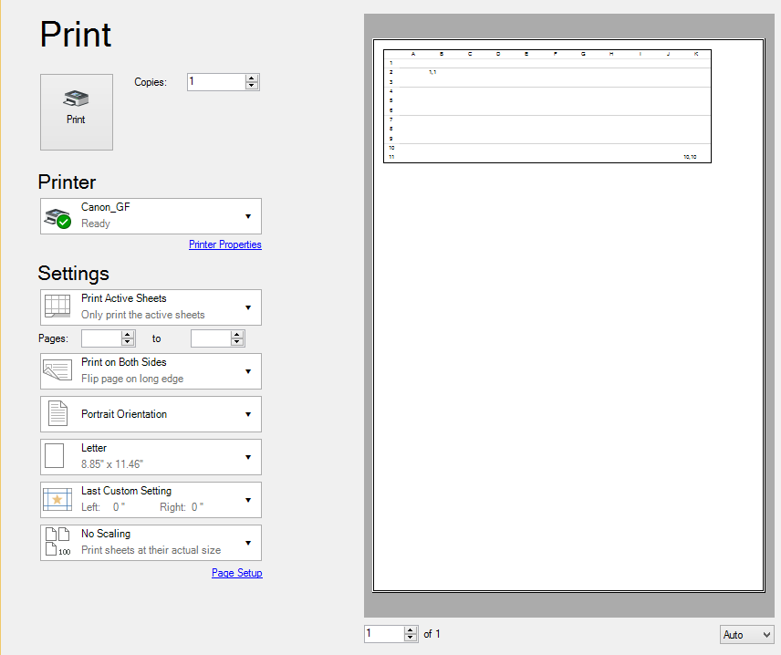 Print Preview dialog displaying various printing operations