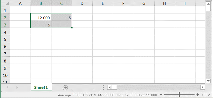 Status bar displaying the sum, average, count, and zoom slider for the selected cells in the spreadsheet