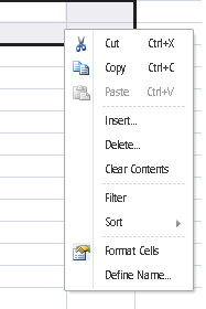 Shortcut menus for selecting cells in the spreadsheet