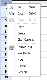 Shortcut menus for selected row header in the spreadsheet